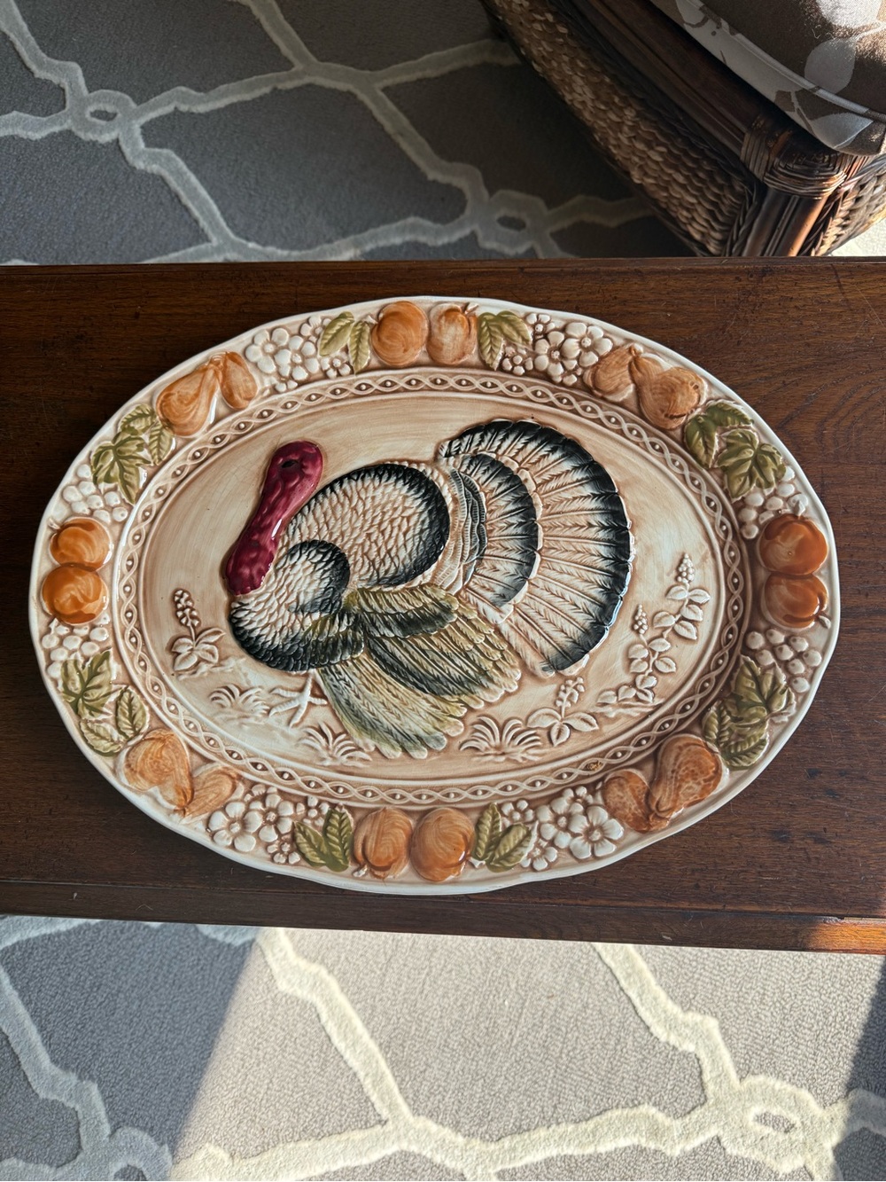 Caldor Japan Ceramic Turkey Serving Platter in Cream, Brown, Green and Red